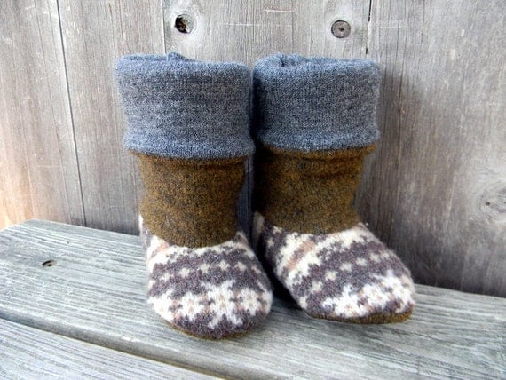 Upcycled Wool Baby Booties Boots Brown/Ivory With Pattern Cooper Brown/Gray With Suede Soles 6-9M Eco Friendly