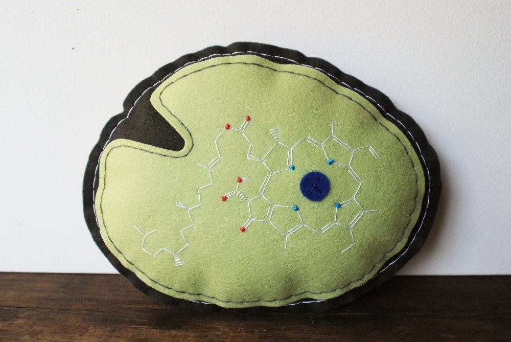 Lily Pad Pillow with Chlorophyll Molecule Embroidery - Science Plush Decor - Chemistry Biology Plant