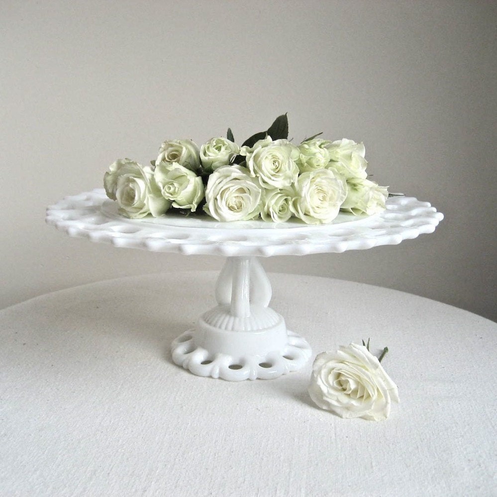 Westmoreland Milk Glass Wedding Cake Stand with Lacy Edge Doric Pattern