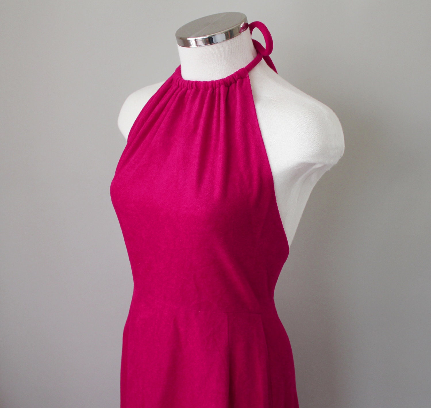 70s vintage women's magenta halter dress, fuzzy, sexy, disco, pink, red, seventies, backless