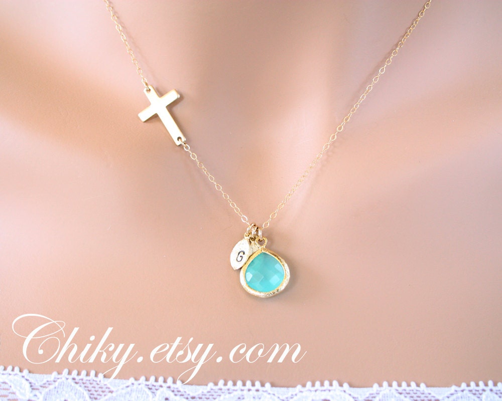 Sideways cross necklace with initial leaf and stone in bezel, aqua necklace, leaf necklace, horizontal cross necklace, gold cross
