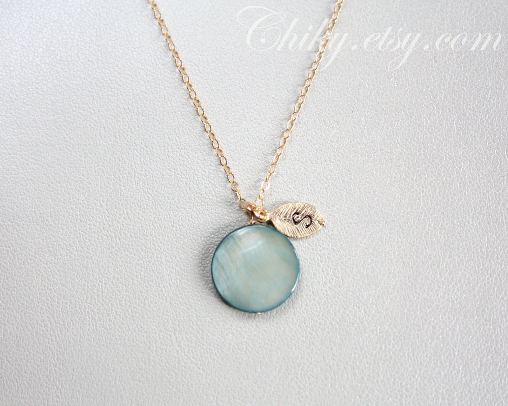 Initial necklace, leaf necklace, stone in bezel, turquoise necklace,  GOLD FILLED, mothers day gifts, family necklace, gold