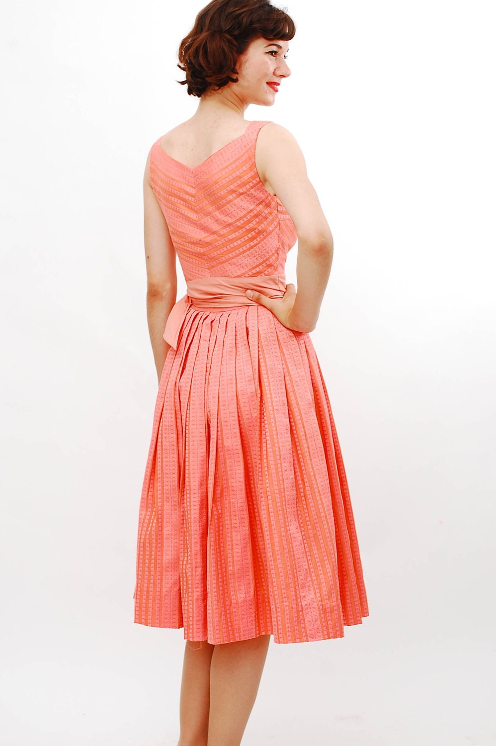sale - Vintage 1950s Dress - 50s Summer Outfit - Coral Pink Geometric Stripe