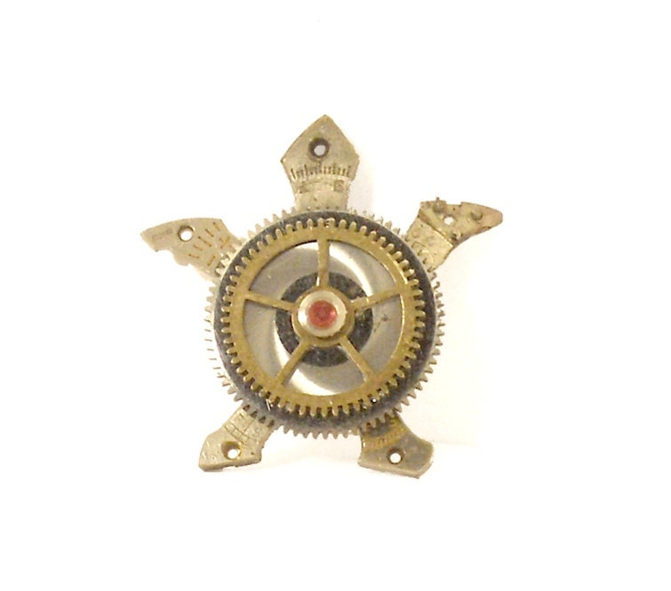 Steampunk clockwork turtle pendant or brooch with Ruby