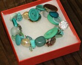Button bracelet- turquoise, green, silver, bohemian, hippie bracelet