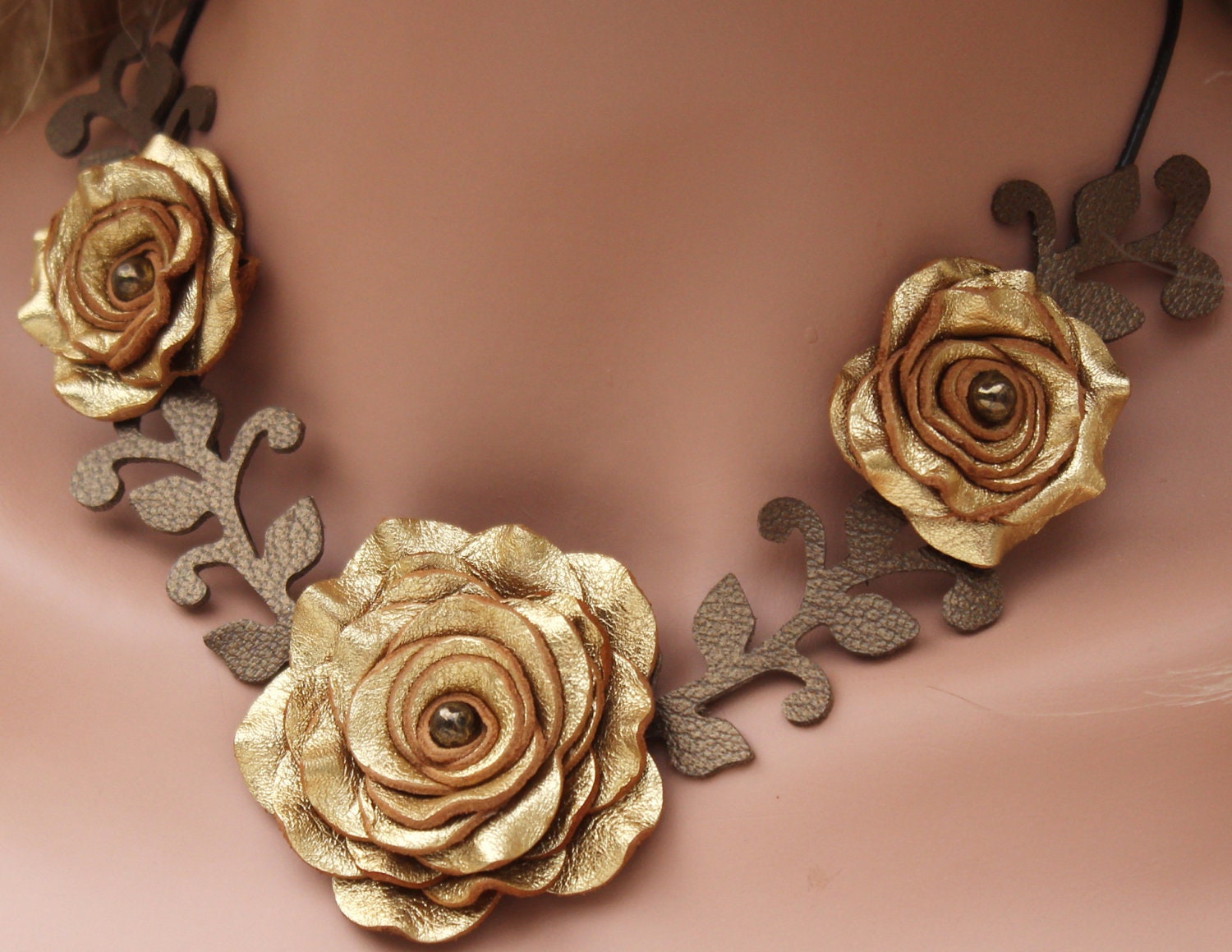 Flower necklace leather necklace choker gold roses leather jewelry mixed media jewelry wedding accessories
