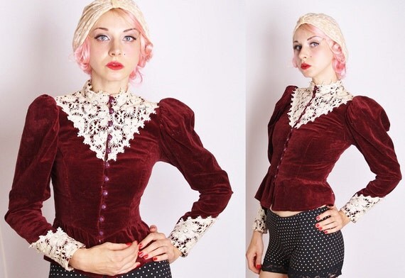 Steampunk Merlot Velvet Gunne Sax Victorian 1970s Jacket / Maroon / Vintage Lace / Jacket / Coat / Blazer / Edwardian / 1222