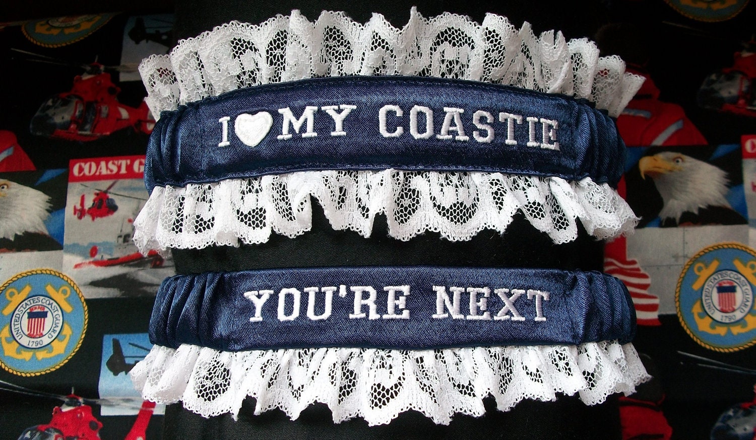 US Coast Guard Garter set with I love my coastie embroidered on it and throw garter that's says You're next