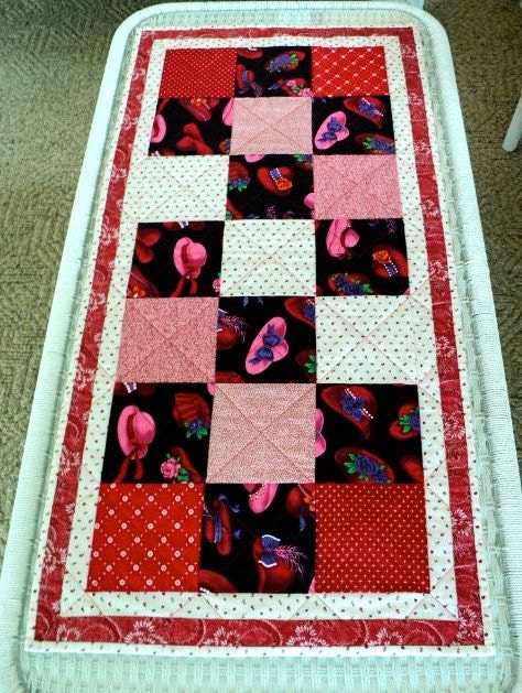 Red Hat Ladies - Quilted Patchwork Table Runner / Table Topper - 18" wide x 36" long