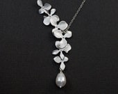 Bridal Jewelry. Silver Necklace. Orchid Flower Necklace. White Pearl. Silver Jewelry, STERLING SILVER. Bridal Party, Bridesmaids Gift