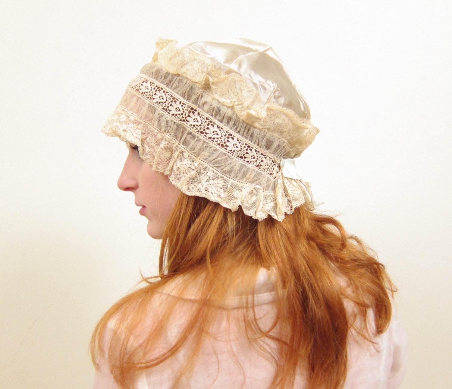 Vintage Boudoir Cap in Gray and Ivory Satin and Lace iwth Rosettes