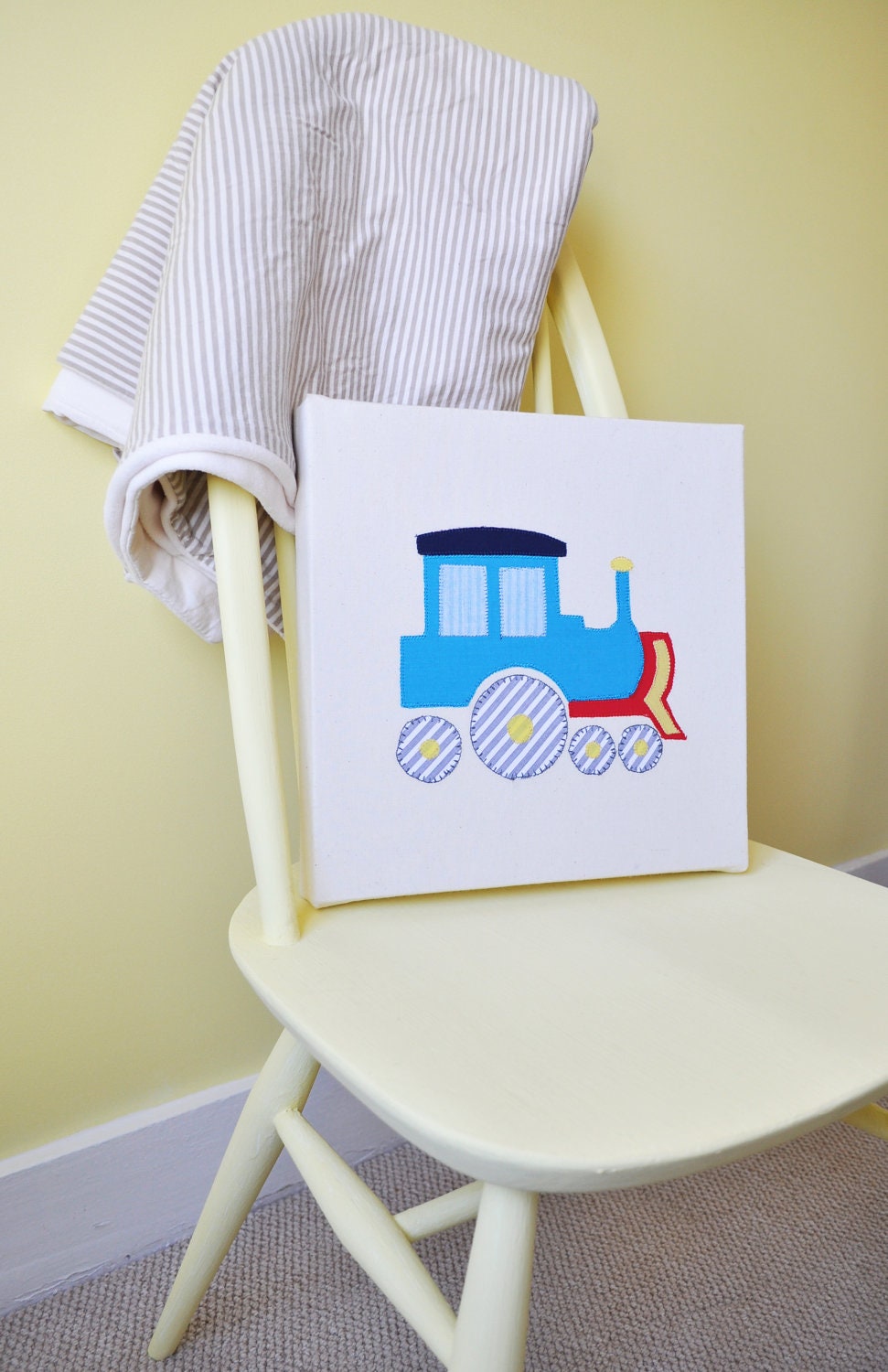 Train canvas applique, baby or children's bedroom or nusery picture