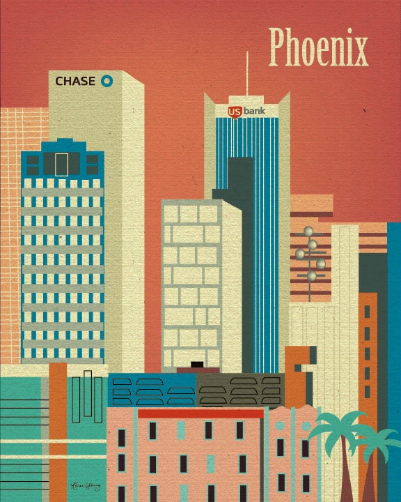 Phoenix, Arizona Downtown Skyline Retro Art Poster Print for Home, Nursery Rooms, or Office - E8-O-PHE