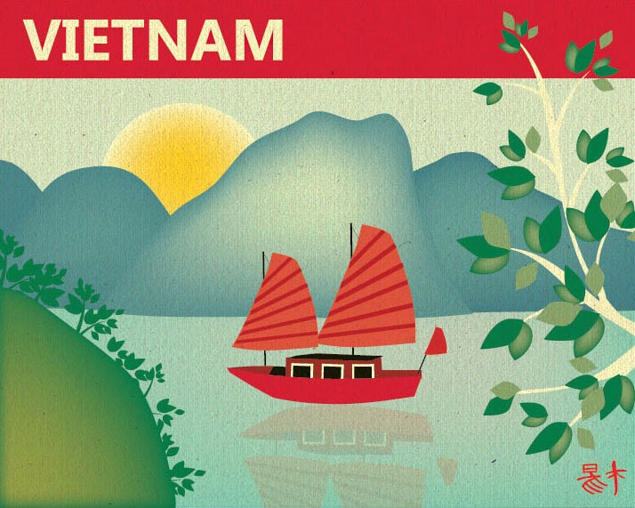 Vietnam Skyline Poster, Halong Bay Junket - Art Print for Office, Home, and Child's Room -  style E8-O-VIE
