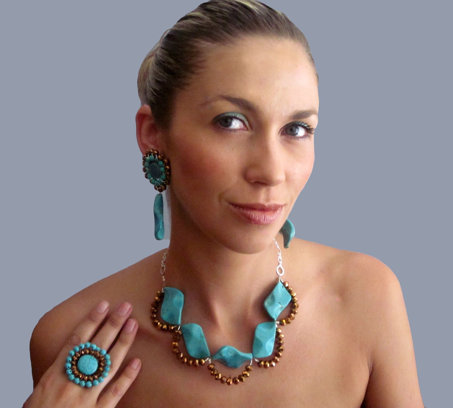 Turquoise Stone Statement Necklace w/ Bronze Crystal Accents