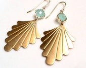 Mint aqua chalcedony aquamarine glass and Art Deco brass fan earrings.  Dangles.  Gold.  Everyday.  Bridal.  NEW ITEM.