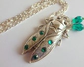 Green Jewelled  Bug  Insect Pendant  Cicada Necklace  Antique Silver Insect Jewelry