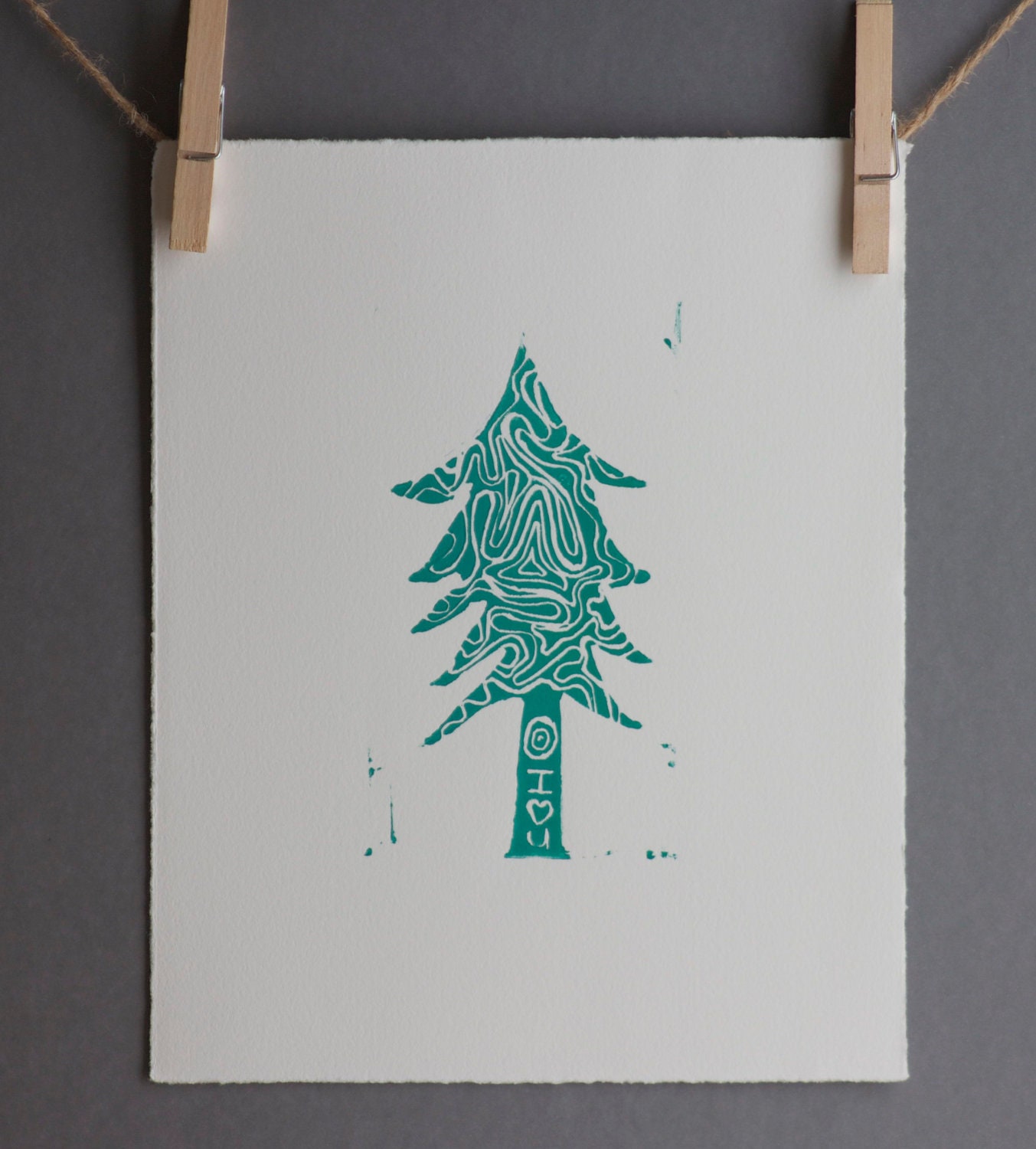 Modern Christmas Tree art linocut PRINT 8x10 Teal Christmas Tree