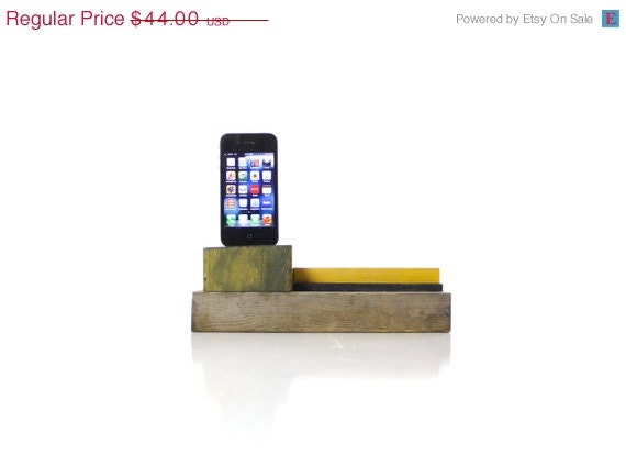 ON SALE Rustic iPhone dock made of wood in yellow, brown, black, and green... handmade by tangleandfold