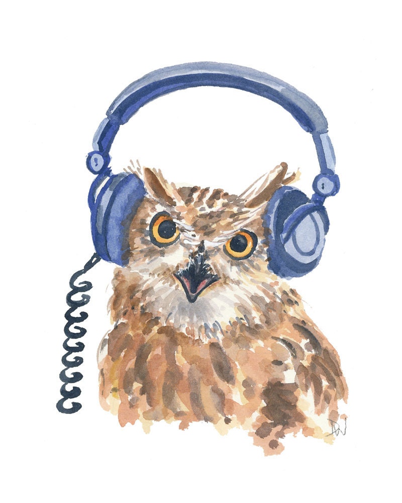 Owl Watercolour Original Painting, Great Horned Owl, Headphones, Music Art, 8x10