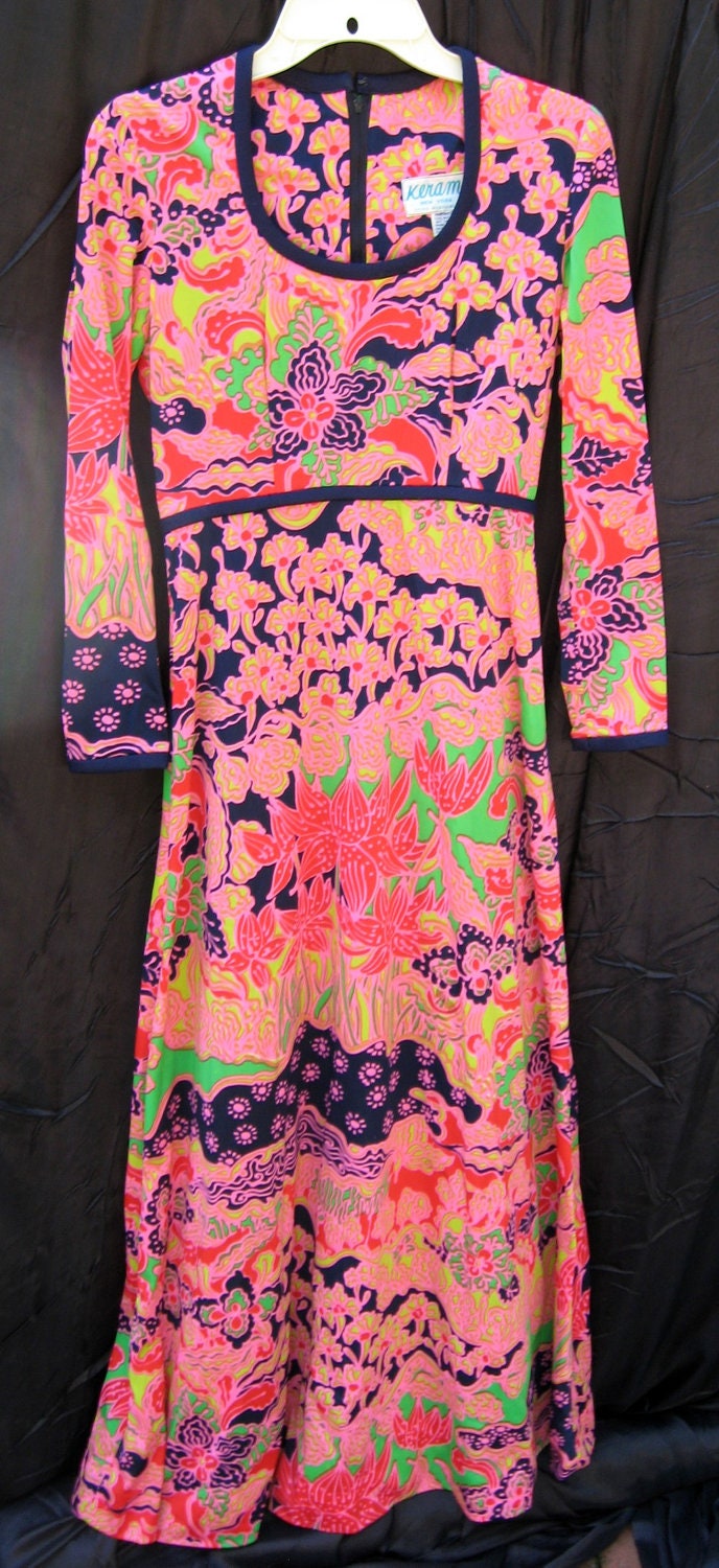 70s Maxi Dress Keram New York Label Day Glow Pinks Greens and Oranges Funky Abstract Print
