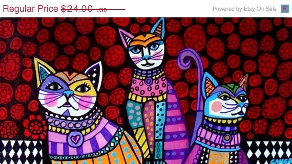 SALE ENDING - 8x16 White Cats Folk Art Print Poster Painting Black and White Harlequin