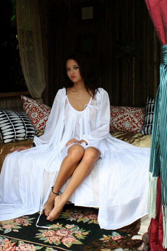 Bridal Lingerie Robe Wedding White Nylon Peignoir Peasant Sleeve Full Sweep Tie Front Dressing Gown