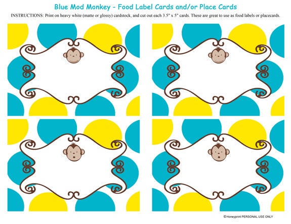 Blue Mod Monkey Birthday Party Buffet Food Labels
