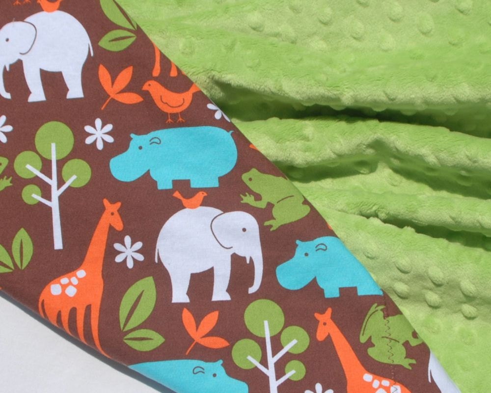 Minky Baby Blanket - Michael Miller Chocolate Zoology with Jade Green Minky - Ready to Ship