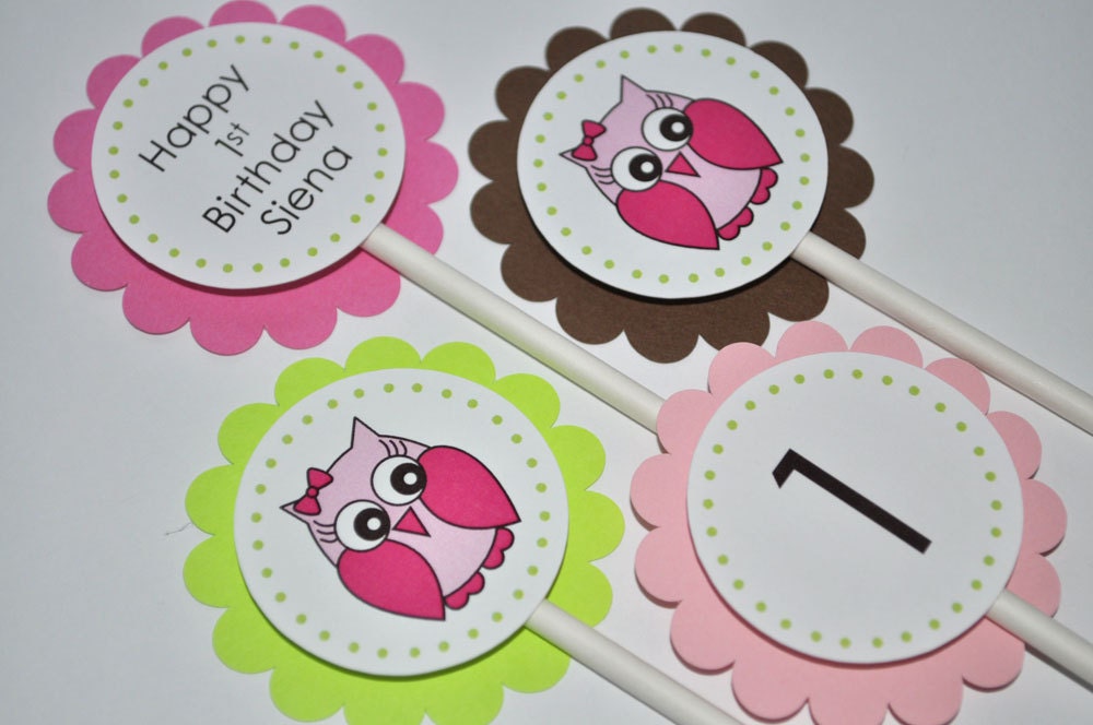 12 Owl Birthday Cupcake Toppers- Girls Birthday Party Decorations