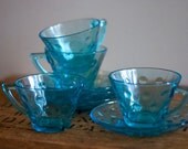 Vintage Aquamarine Tinted Glass Cups & Saucers Dot Pattern Set of Four
