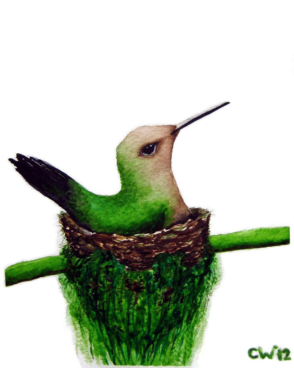 Hummingbird Art - Hummingbird in Mossy Nest - Original Watercolor Painting - green and brown hummingbird in nest with twigs and moss