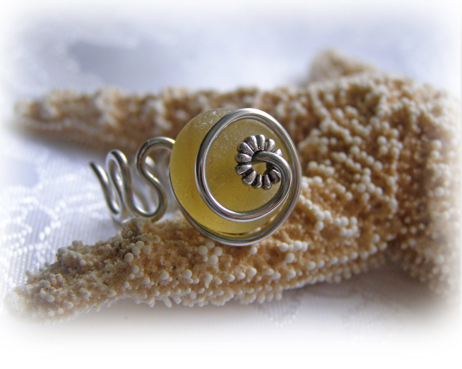 Yellow Beach Glass Seaglass Ring Size 6