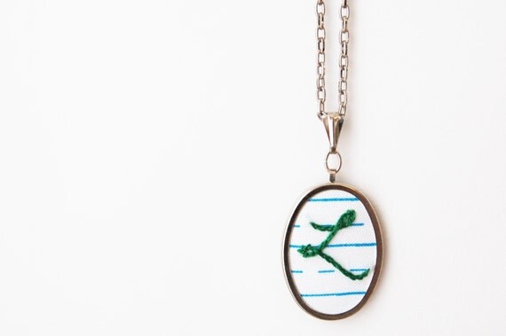 Embroidered Initial Necklace. On Lined Notebook Paper Fabric. Perfect for Teacher this Holiday. - - 24 INCH CHAIN