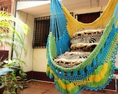 Turquoise Yellow Light Green Tricolor Sitting Hammock, Hanging Chair Natural Cotton and Wood plus Simple Fringe
