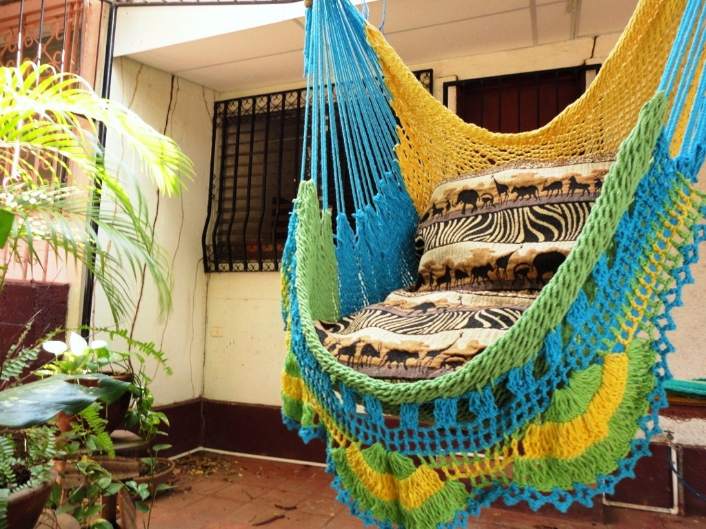 Turquoise Yellow Light Green Tricolor Sitting Hammock, Hanging Chair Natural Cotton and Wood plus Simple Fringe