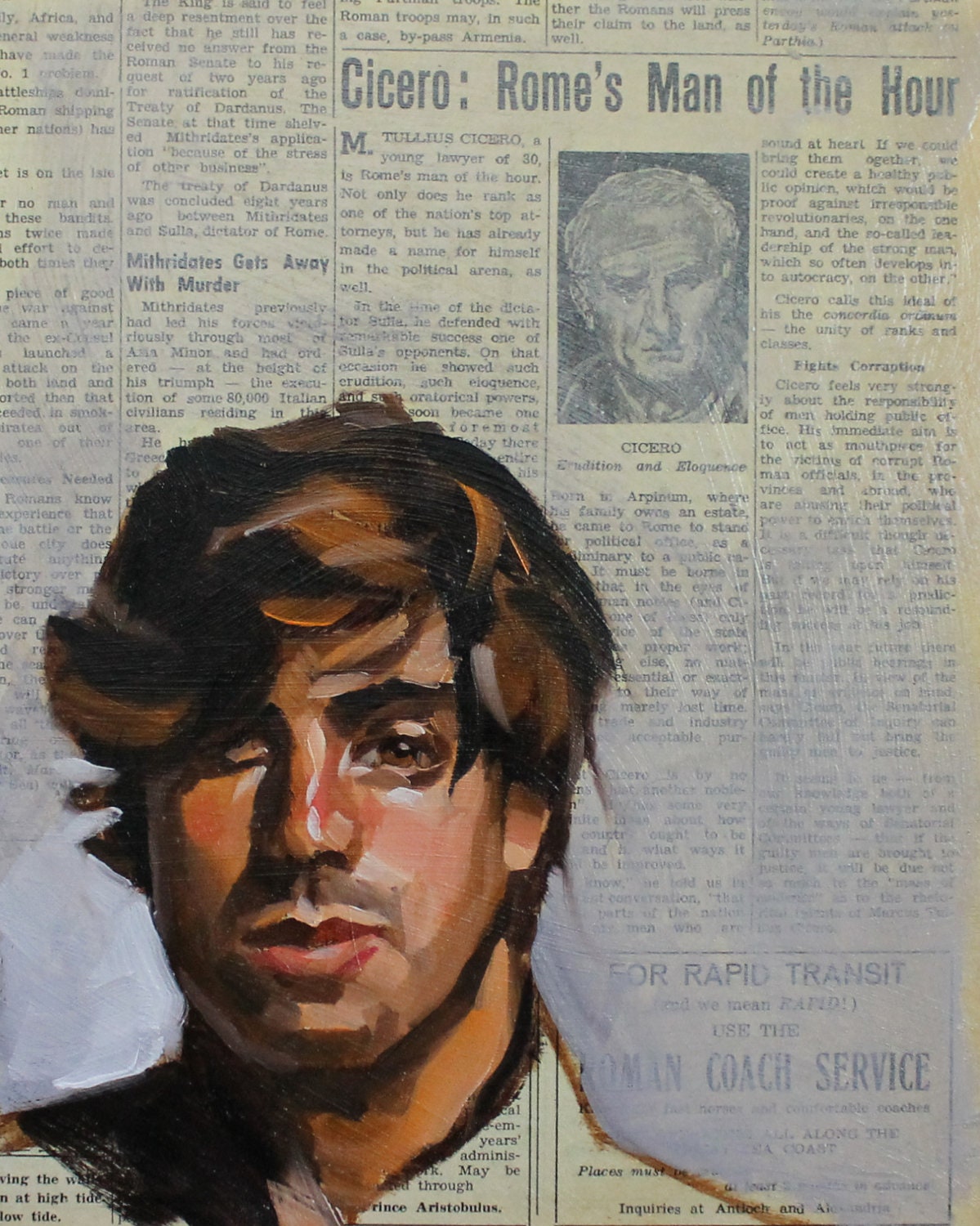 Marshall Law, 10"x8" oilpaint and newspaper on masonite panel by Kenney Mencher