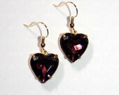 Vintage German Edwardian Amethyst purple Heart crystal brass earrings
