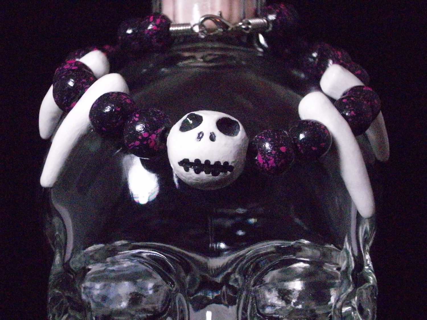 Pink Beaded Jack Skellington Nightmare Before Christmas Polymer Clay Necklace with Teeth