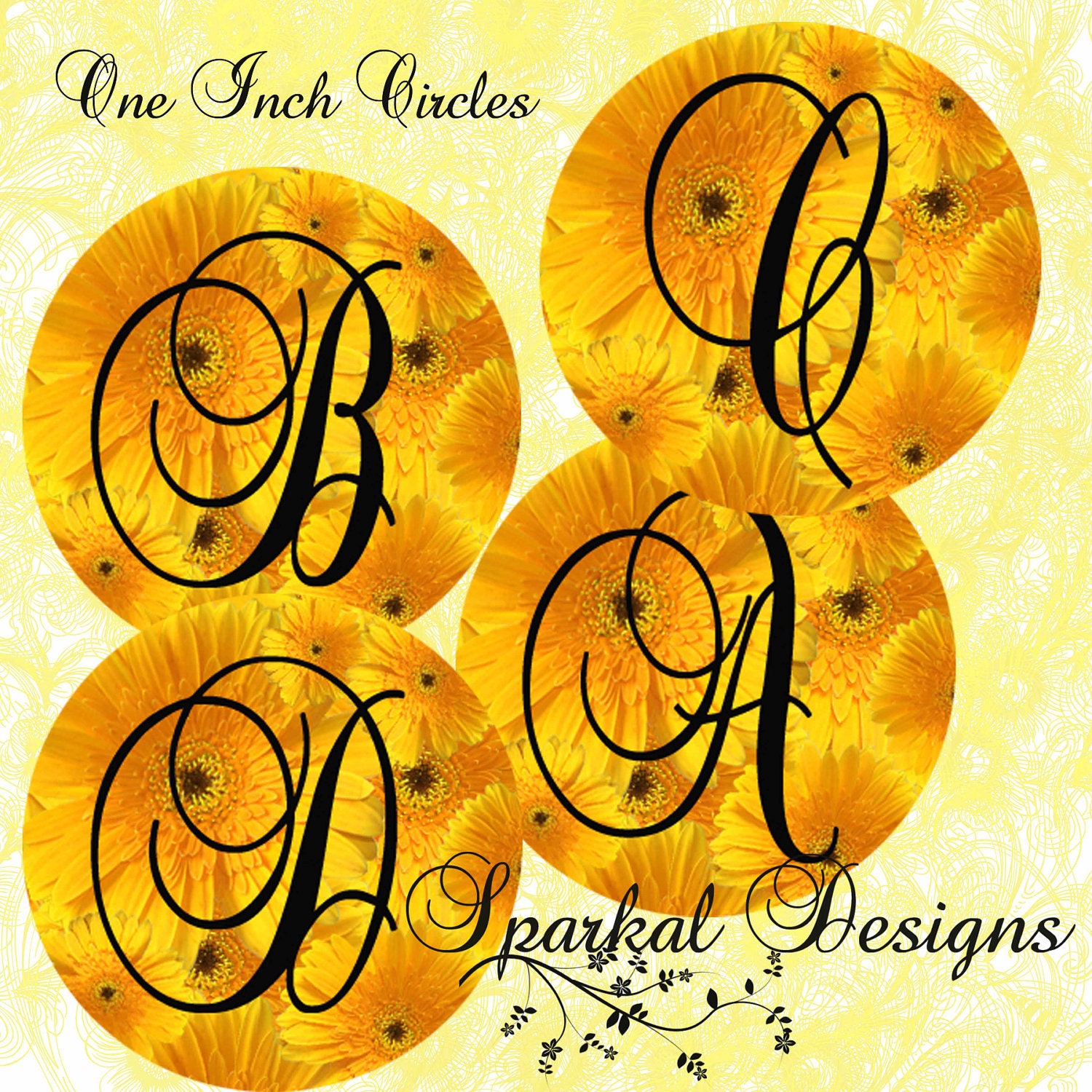 Digital Collage Sheet Yellow Sunflower Monogram Alphabet 1 inch Circle Images Bottlecap images no.1504 Printable Download Il_570xn