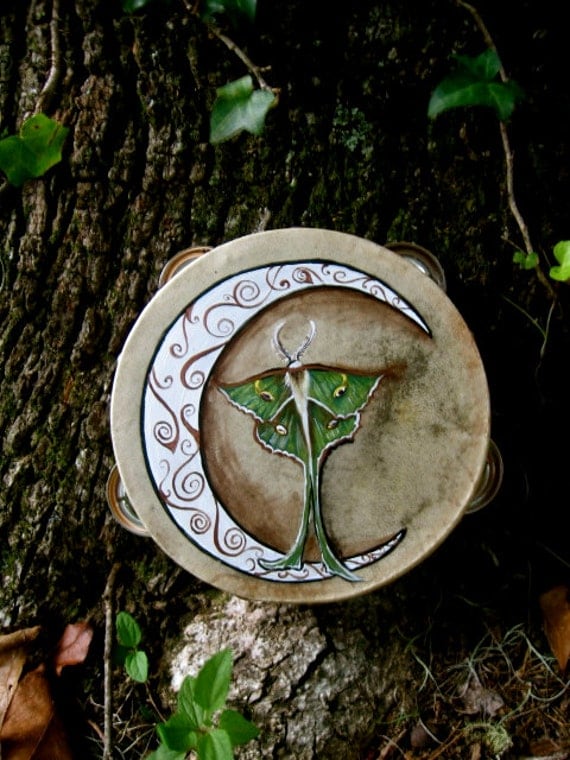 Crescent Moon and Luna Moth Tambourine