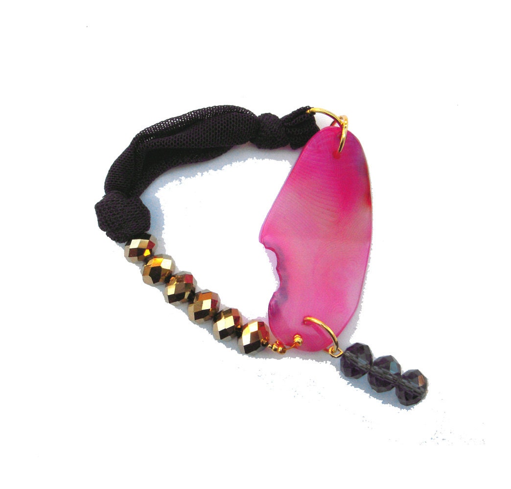 Fabric bracelet Bangle blue golden and pink with agate and charm for her - one of a kind - OOAK