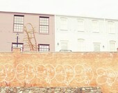 Landscape Photography - brick wall graffiti photography, washington dc, row houses, georgetown, layers, purple, blue, red,