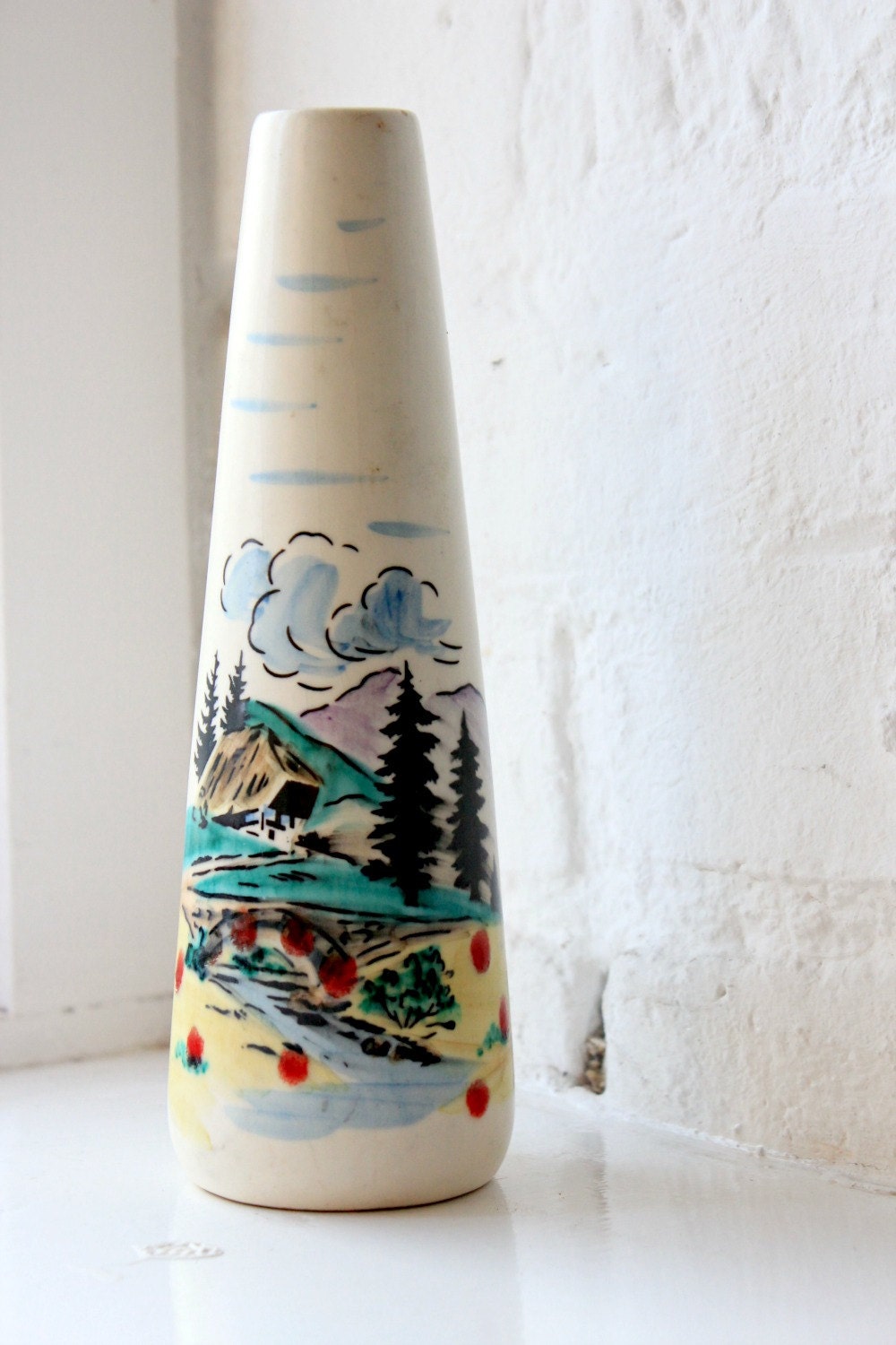 Vintage Mid Century Hand painted Vase - Alpine Mountain Cottage Scene