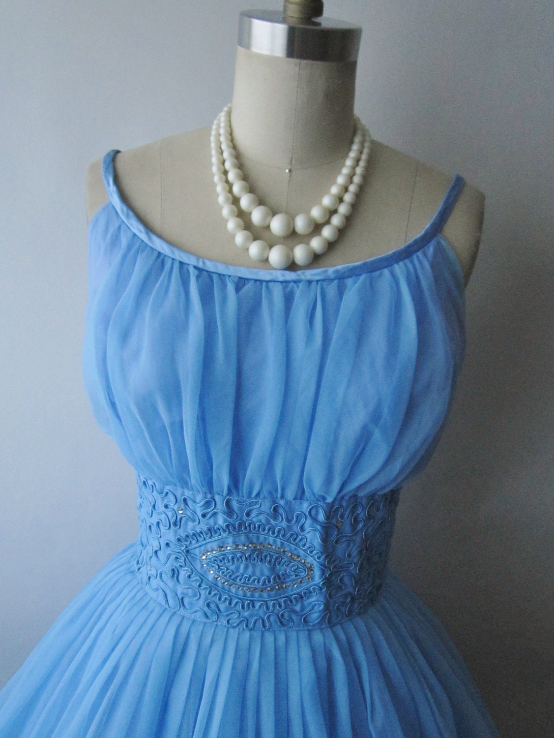 50's Chiffon Dress // Vintage 1950's Blue Chiffon Shelf Bust Prom Wedding Party Dress S
