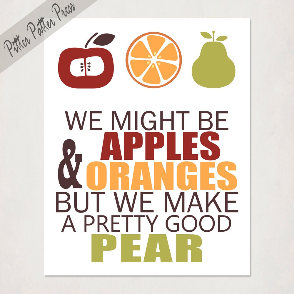 Kitchen Art Print, Typography Wedding Anniversary Art, Apple Orange & Pear Fruit, size 8x10