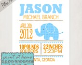 Personalized Boy's Birth Announcement // Custom Elephant Print with Baby's name // Printable Art // JPEG // Download and Print DIY