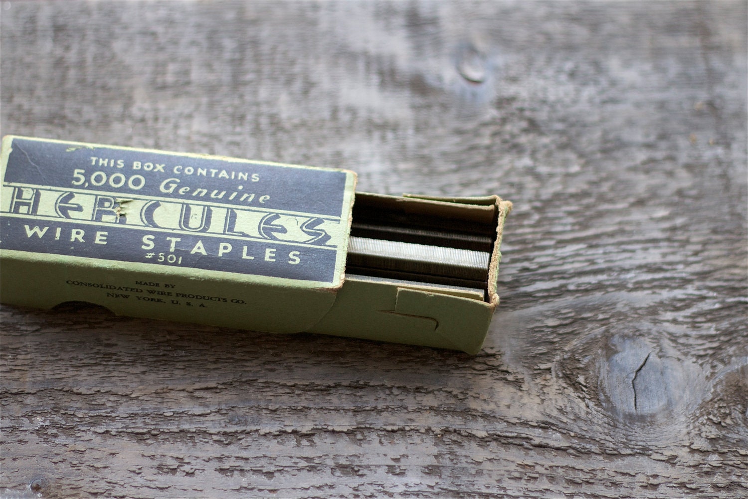 vintage box of wire staples : Hercules green home office storage organization by 24pont