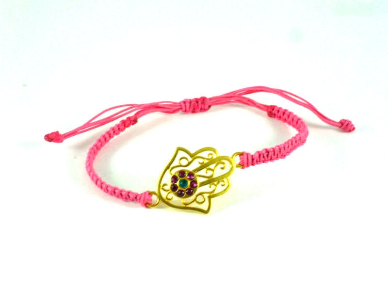 Pink gold gilded Fatima's hand charm bracelet with pink and green zircon crystals