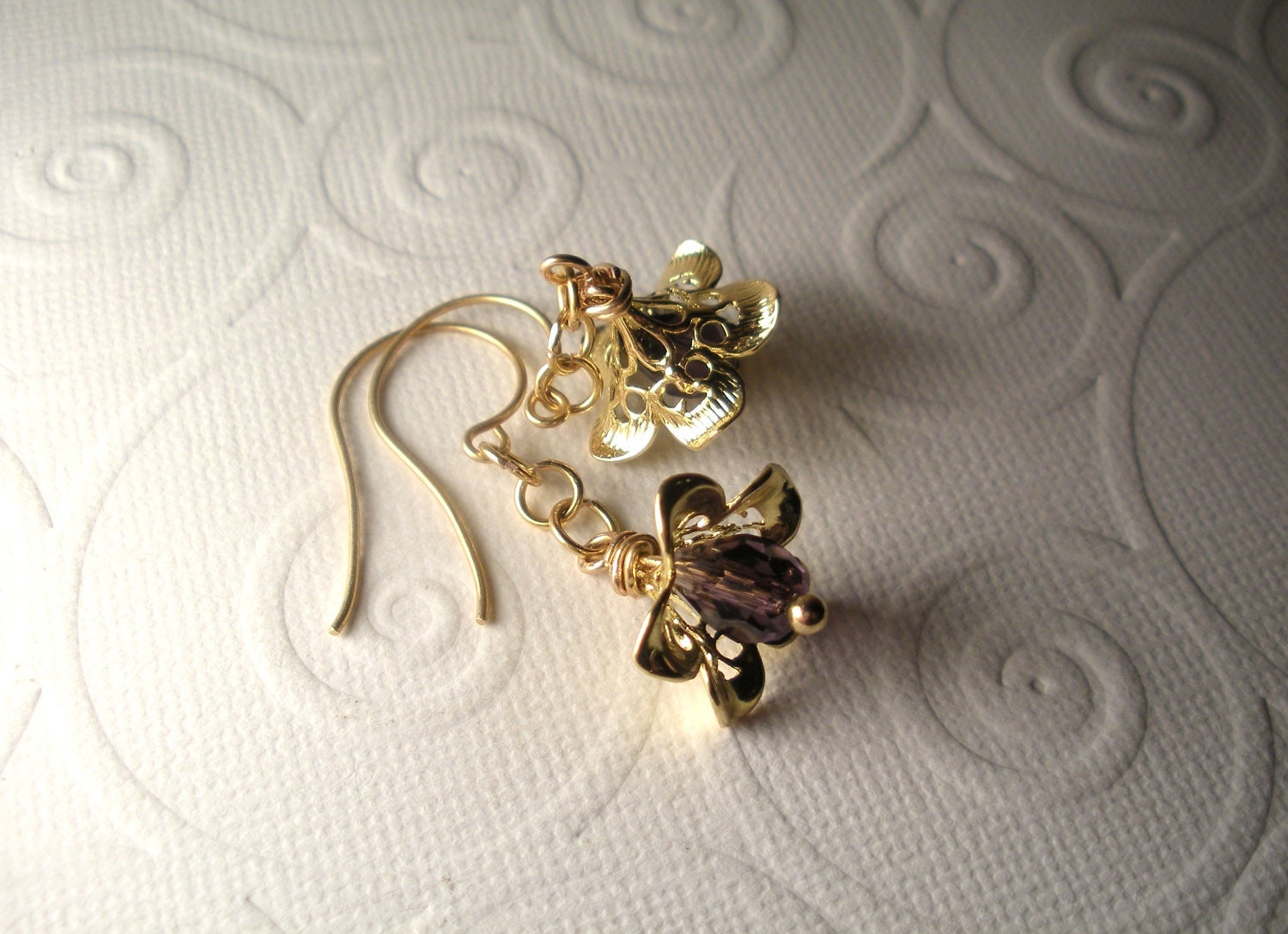 Gold Flower and Amethyst Purple Czech Crystal Dangle Earrings